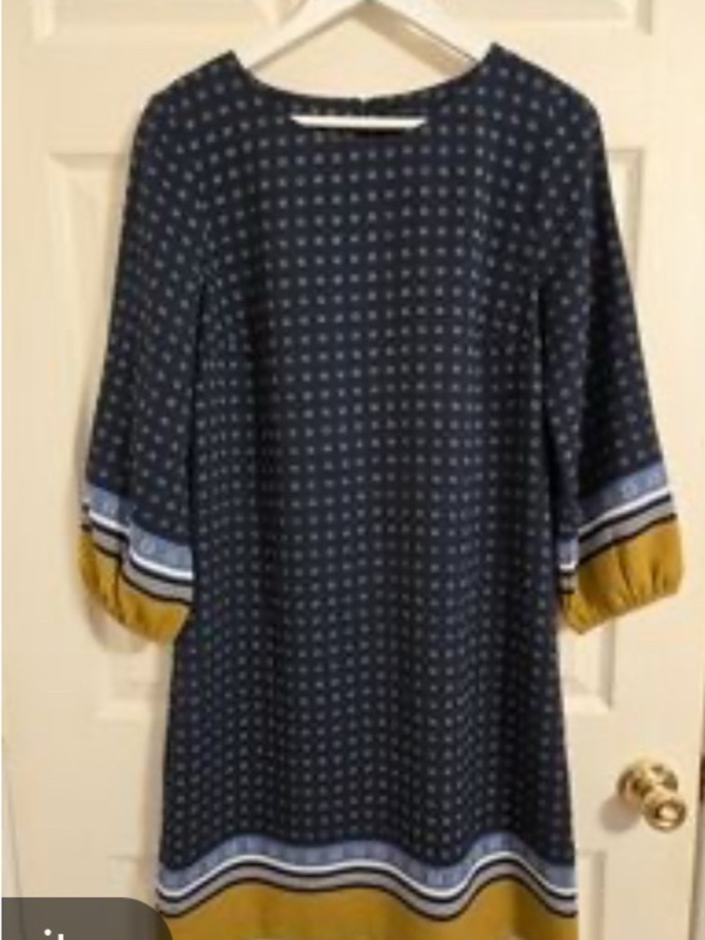 Ann Taylor Mustard &Navy Midi identified by long bishop sleeves contrast cuffs